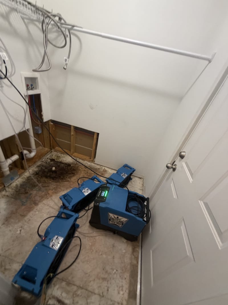 Before: Wet flooring and lower drywall removed and dried
